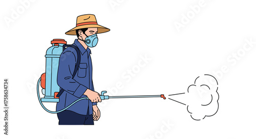 A farmer wearing a hat and mask sprays chemicals from a backpack sprayer in a field.