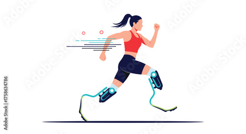 A woman with advanced prosthetic legs running at speed with motion blur effect.