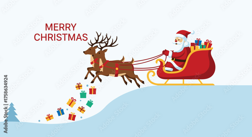 Fototapeta premium Merry christmas santa claus with reindeer and sleigh flying over snowy hill.