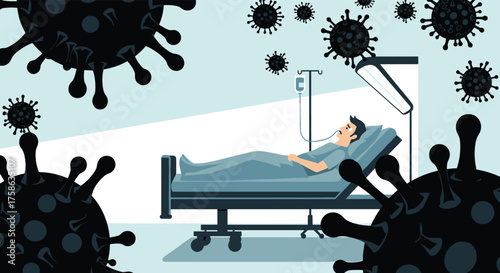 Patient in hospital bed surrounded by coronavirus particles receiving medical treatment.