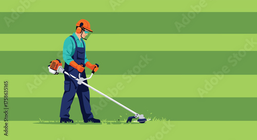 Professional gardener carefully trimming grass with a string trimmer in a well-maintained yard.