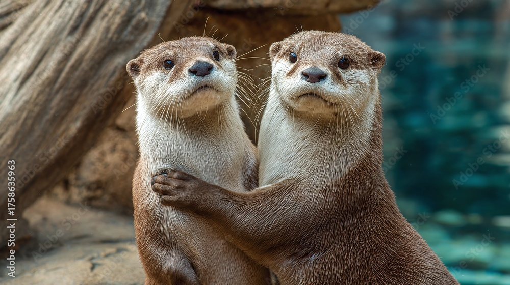Obraz premium Two adorable otters are hugging in a warm embrace. The otters look up at the camera with their sweet faces and whiskers. The background has rocks and water.