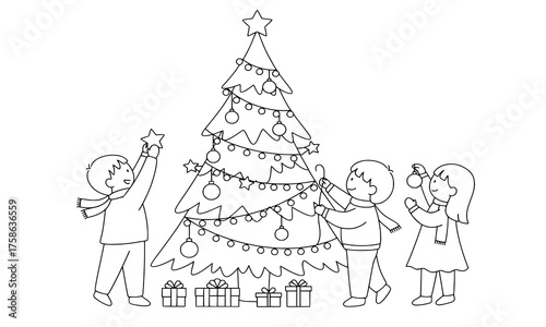 A heart warming hand drawn doodle of children decorating a Christmas tree, illustrated in a minimal line art style.