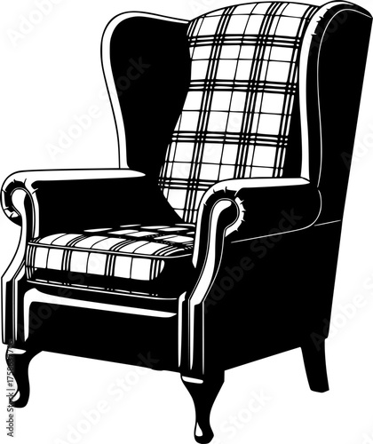 Classic wingback armchair silhouette with plaid detail isolated on white background
