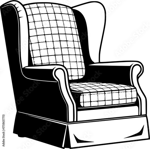 Classic wingback armchair silhouette with plaid detail isolated on white background
