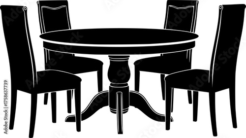 Classic wooden dining table with four chairs arranged around it silhouette isolated on white background
