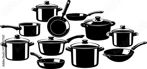 Collection of black cooking pots and pans silhouette isolated on white background
