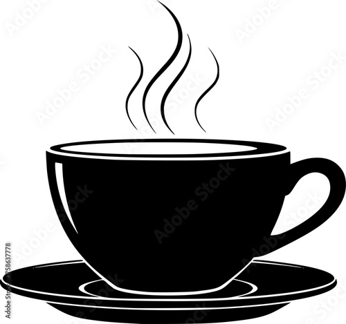 Stylized black silhouette of a steaming coffee cup and saucer isolated on white background
