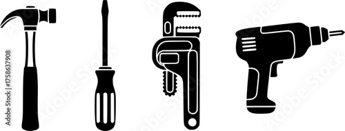 Vector objects bundle including hammer screwdriver wrench and drill scalable illustration for design projects silhouette White background
