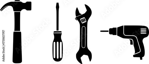 Vector objects bundle including hammer screwdriver wrench and drill scalable illustration for design projects silhouette White background
