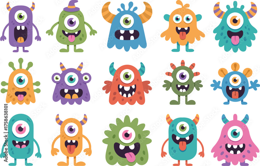 Fototapeta premium This extensive collection displays fifteen vibrant and distinct cartoon monsters, each with unique features like horns, multiple eyes, and expressive faces, some with their tongues out.