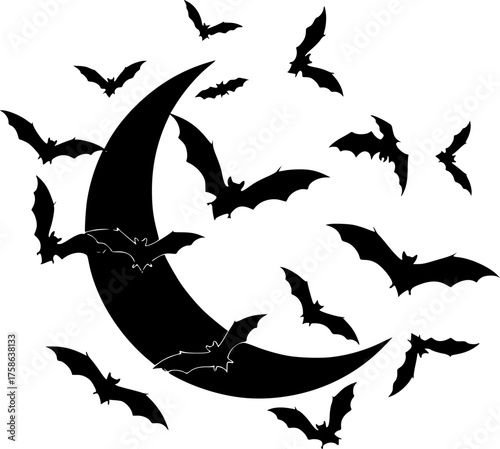Vector illustration of flying bats silhouetted against a full moon for festive halloween designs silhouette White background
