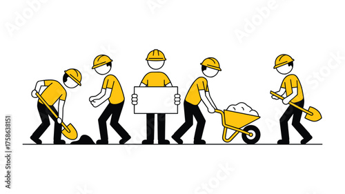 Construction workers in yellow hard hats and shirts performing various tasks on white background Keywords: construction, workers, building, labor, team, teamwork, shovel, digging, wheelbarrow