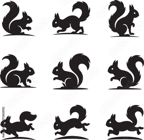 squirrel silhouette vector set grid poses bushy tail running sitting standing dynamic illustrations