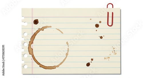 Notepaper with coffee stain and paperclip