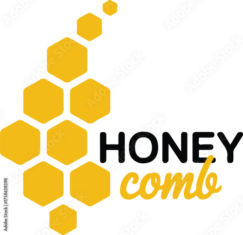 honey comb modern logo with yellow hexagon honeycomb and cursive script for natural food and bee brand identity