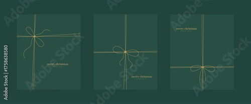 Thin line ribbon, knot gift box bow on green card, banner, invitation tepmlate. Merry Christmas, Happy new year poster design with gold ornament