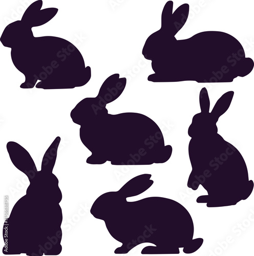 black rabbit silhouettes vector set in side profile minimal monochrome icons for logo