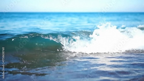 Small Ocean Wave Cresting and Breaking Near Shore with Sunlit Droplets for Nature Blogs, Ocean Conservation Websites, Travel Videos, Relaxation Content, and Social Media