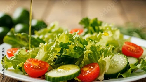 Fresh Salad with Drizzling Olive Oil and Vibrant Vegetables for Healthy Cooking Blogs, Nutrition Websites, Meal Prep Ideas, and Social Media Food Content