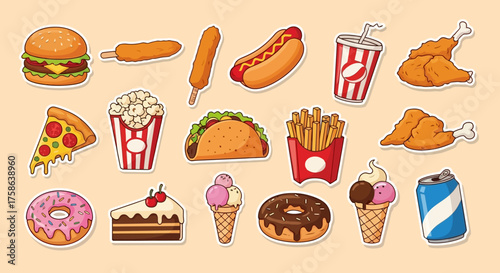 Delicious Junk Food Sticker Set Burger, Pizza, Fries & More!