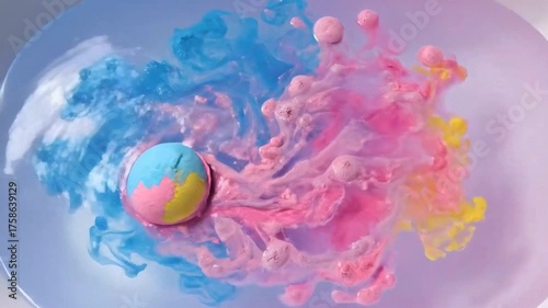 Colorful Bath Bomb Fizzing in Clear Water Creating Vibrant Swirls for Spa Blogs, Personal Care Websites, Relaxation Content, and Advertising Campaigns