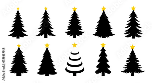 Collection of stylized Christmas trees, simple decorative ornaments