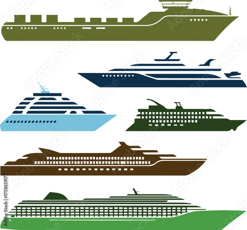 modern flat vector set showing types of large vessels cruise ship cargo ship ferry yacht and liner ai eps png jpeg