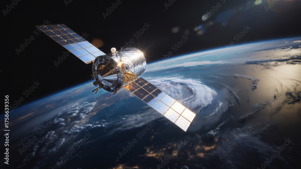 Obraz premium Satellite orbiting earth, solar panels extended, in outer space satellite