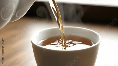 Stream of Hot Tea Pouring into Ceramic Cup with Gentle Steam for Beverage Blogs, Relaxation Websites, Tea Culture Content, and Culinary Videos