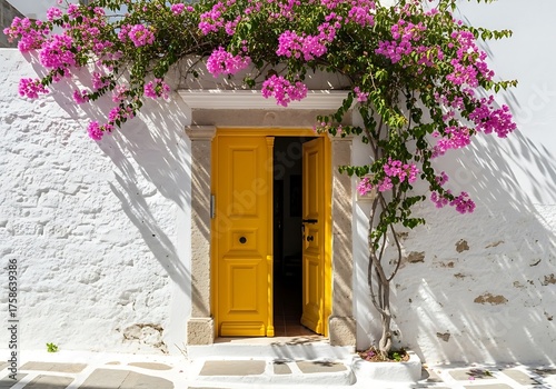 Fototapeta Naklejka Na Ścianę i Meble -  Yellow Door with Bougainvillea, and Greek Island.