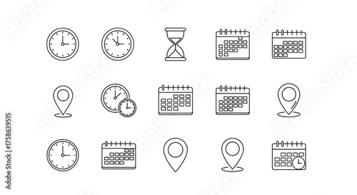 Clock, calendar, location icons for scheduling and time management