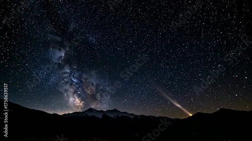 Shooting Star Across Starry Sky Above Mountain Horizon for Nighttime Nature Blogs, Astronomy Websites, Outer Space Education, and Visual Content Creation