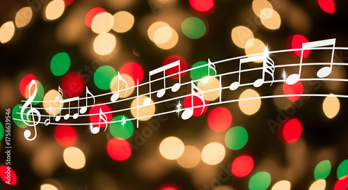 Blurred Christmas choir notes on festive bright background