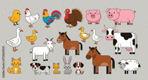 Diverse Farm Animals Chicken, Rooster, Turkey, Pig, Horse, Cow, Sheep, Goat, Duck, Rabbit, Cat, Dog