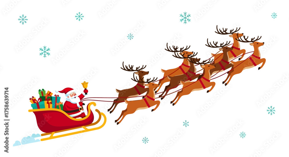 Fototapeta premium Santa Claus in a Sleigh Pulled by Reindeer Flying Through a Winter Wonderland