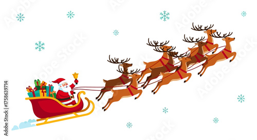 Santa Claus in a Sleigh Pulled by Reindeer Flying Through a Winter Wonderland