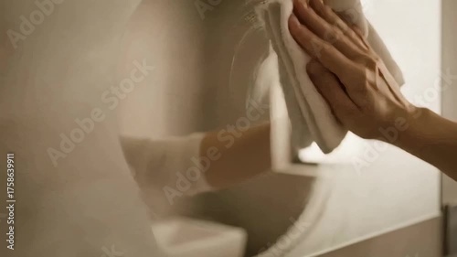 Hand Cleaning a Damp Mirror with a Cloth in a Bright Bathroom for Home Decor Blogs, Cleaning Tips Websites, Wellness Articles, and Lifestyle Social Media Content