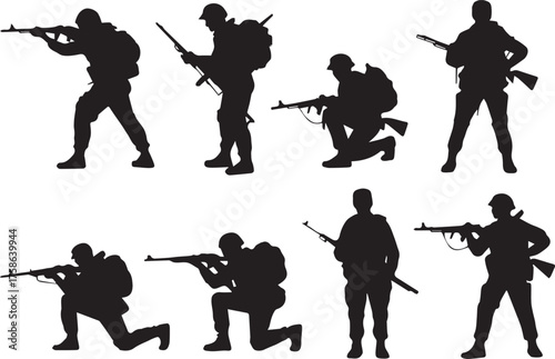military soldier silhouettes collection | vector silhouettes of armed troops with rifles backpacks helmets, editable ai eps png jpeg