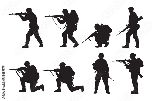 eight armed soldier silhouettes in action poses | tactical infantry vector collection for design, military illustration, combat gear