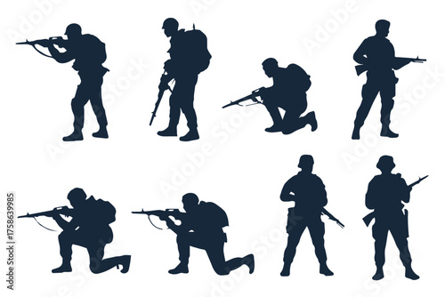 soldier silhouettes set of eight | infantry vector icons for military, tactical, combat poses and equipment, editable ai eps jpeg png