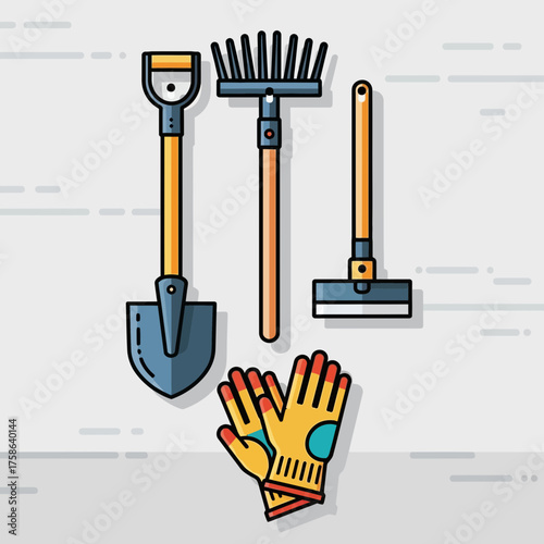 Gardening tools and gloves arranged for use.