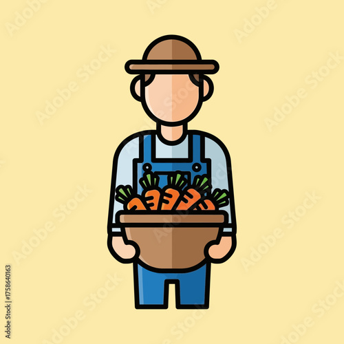 Farmer holding a basket full of carrots.