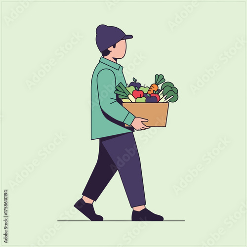 Person carrying a box of fresh fruits and vegetables.