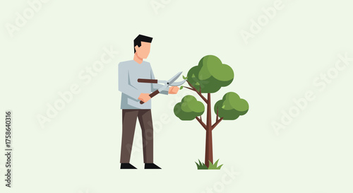 Man prunes a green tree with large shears.