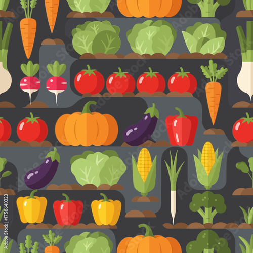 Assorted vegetables growing in neat rows, a colorful harvest.