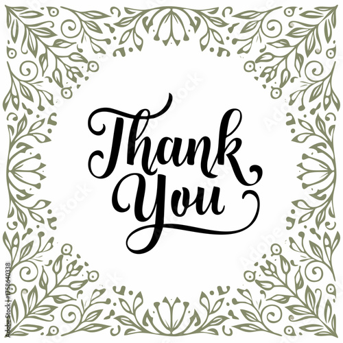 Thank you ink inscription calligraphic with floral pattern. Handwritten text lettering
