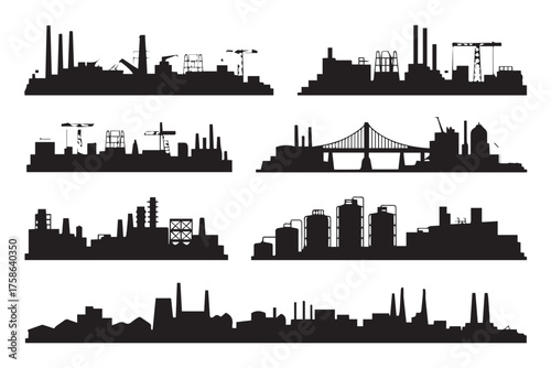 factory complex silhouette pack showing manufacturing plants, bridges, chimneys, cranes and industrial units