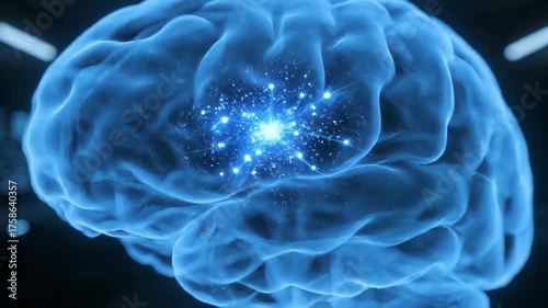 Translucent Brain with Sparkling Neuron Impulses and Glowing Constellation Patterns for Scientific Videos, Educational Content, Mindfulness Projects, and Neuroscience Illustrations