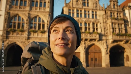 Woman Tourist in Autumn Attire Expressing Awe While Observing Ancient Buildings for Travel Blogs, Adventure Websites, Tourism Marketing, and Social Media Content